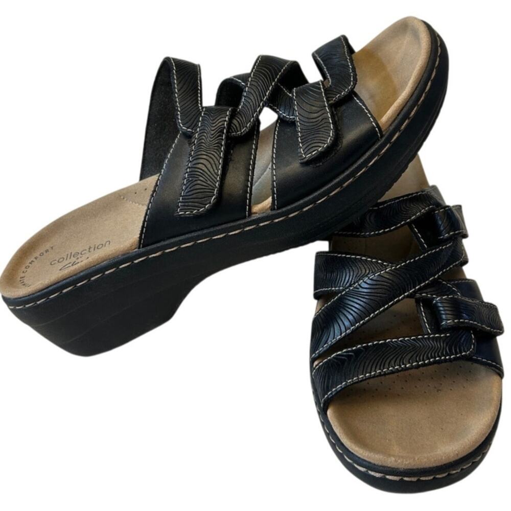 Clarks Merliah Karli Women's Sandals Sz 9 Black Leather Slide Adj Comfort